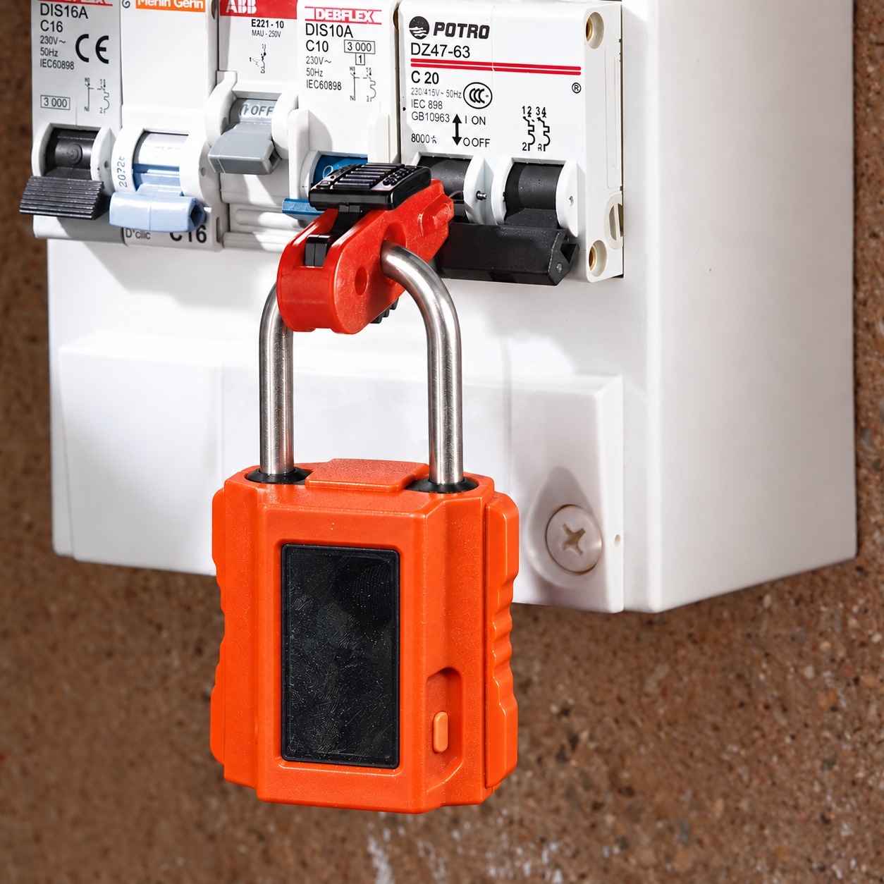 Candado V-Active bloqueando un interruptor termomagnético en un tablero eléctrico
