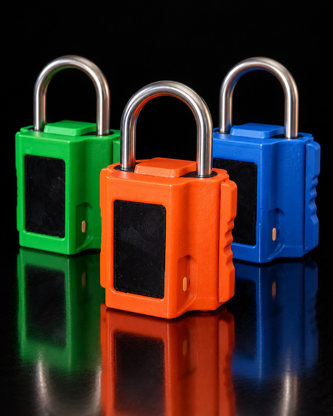 Tres candados inteligentes V-Active en color naranja, verde y azul